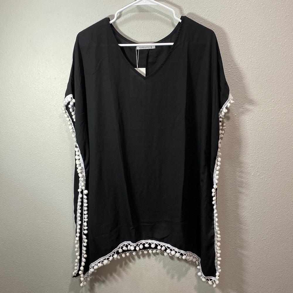 Adreamly swim coverup black‎ with Pom Pom trim